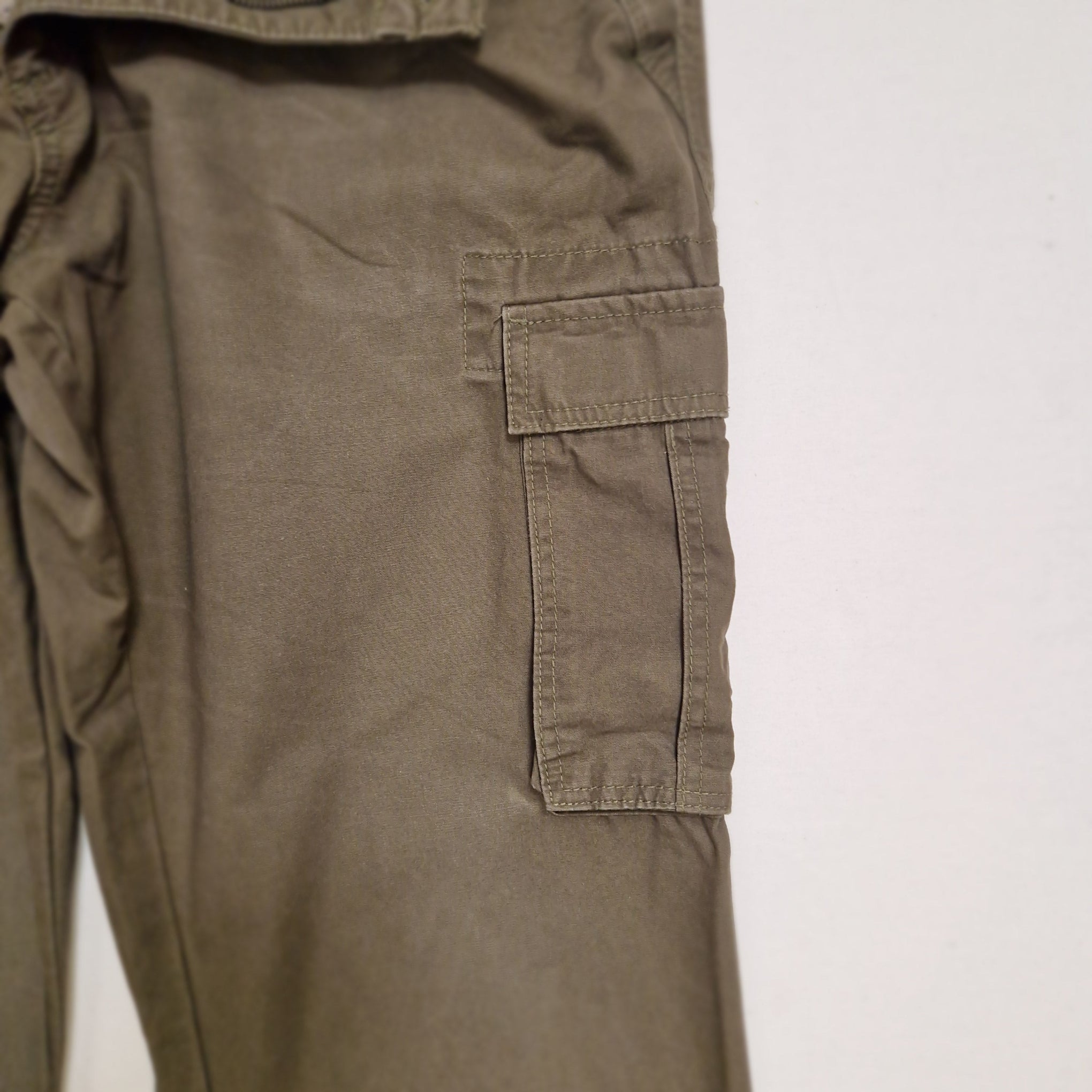 Close-up of olive green cargo pants showing a side cargo pocket and part of the waistband against a plain light background.