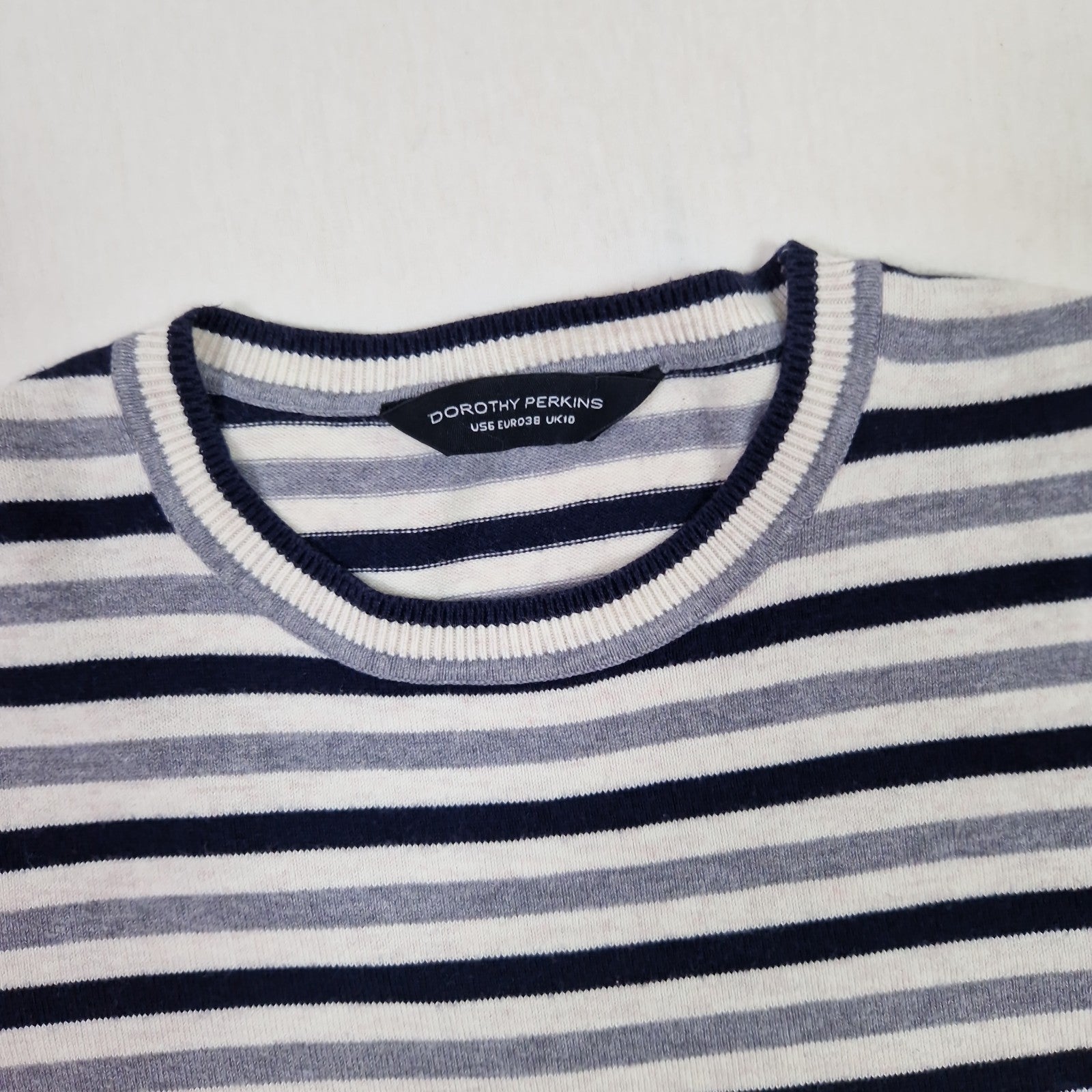 Dorothy Perkins Womens T Shirt striped black white grey cotton UK10