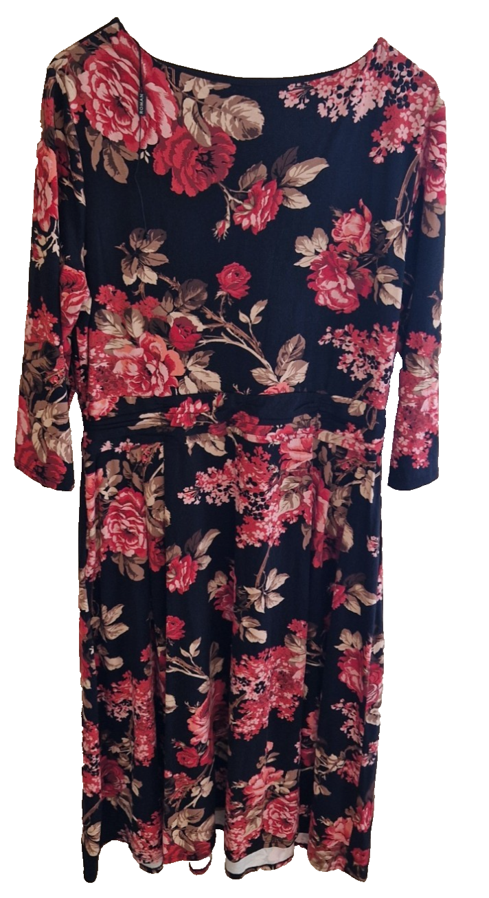 A black Roman fit and flare dress featuring a vibrant red and pink floral print and long sleeves.