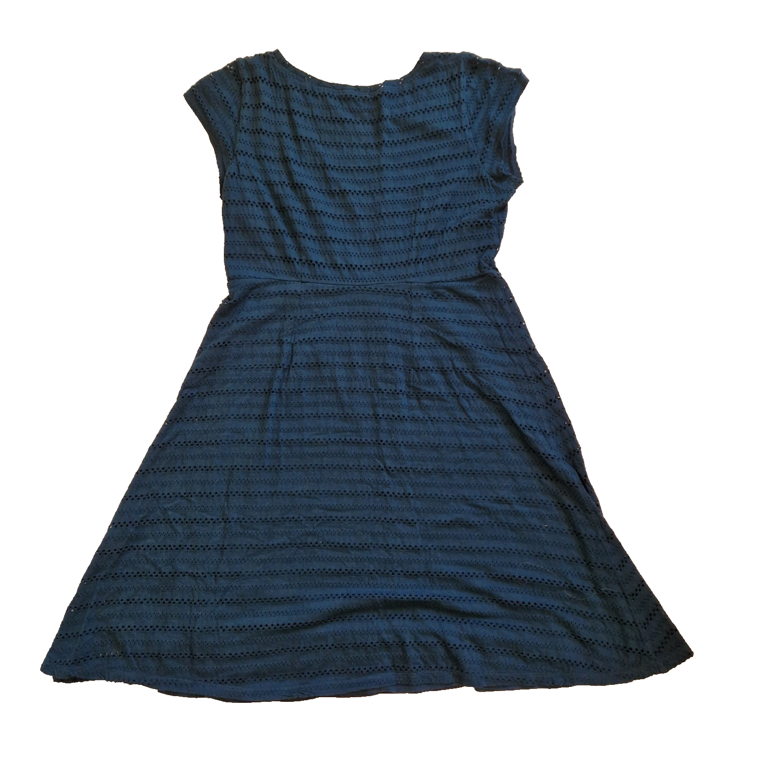 A navy blue White Stuff fit and flare dress with short cap sleeves and embroidered floral detail.