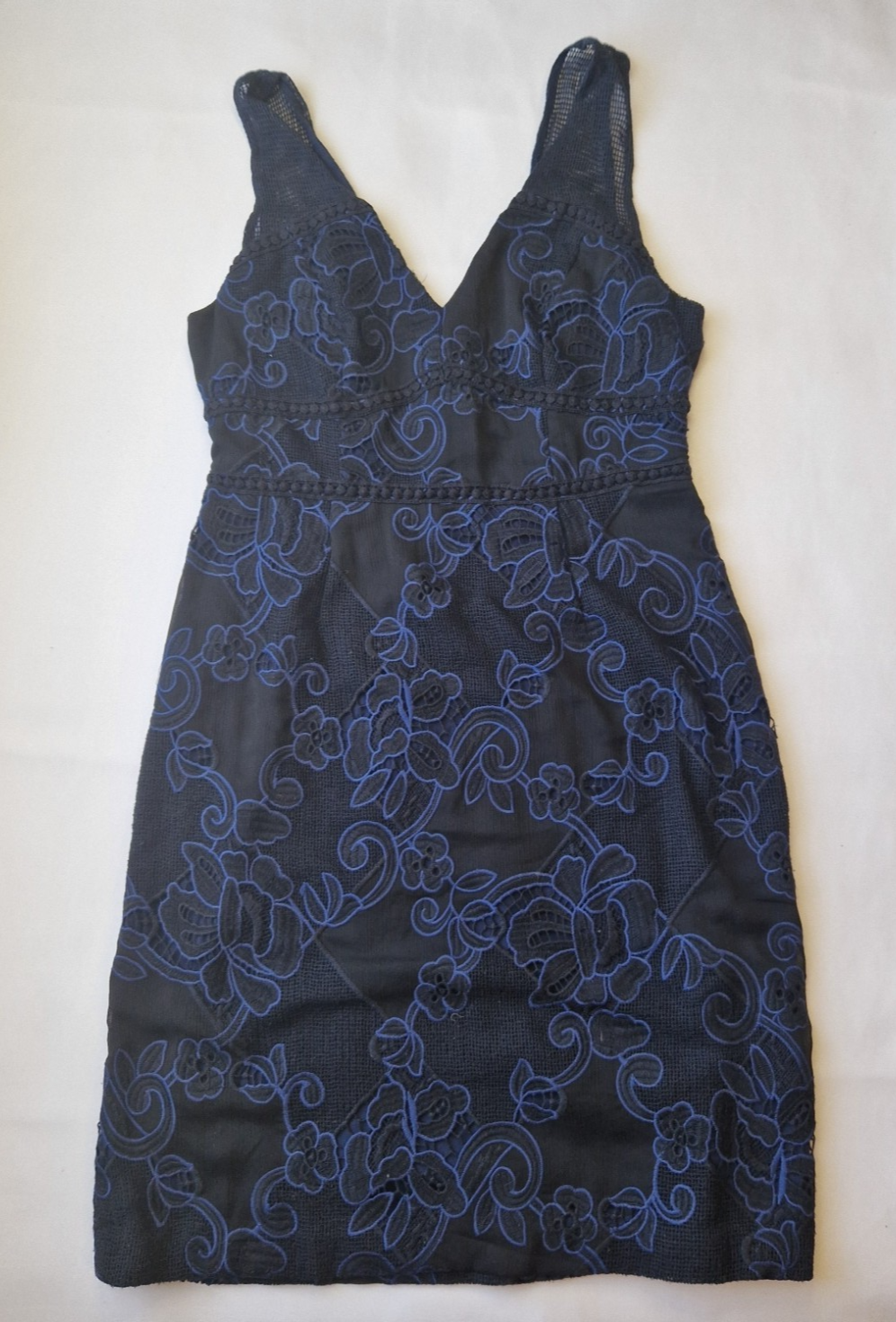 A black sleeveless knee-length dress featuring intricate blue floral embroidery on lace fabric.