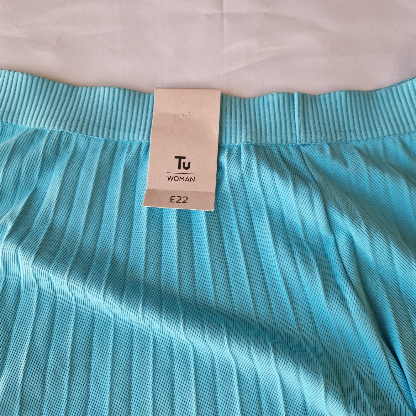 A turquoise pleated midi skirt with an elasticated waistband.