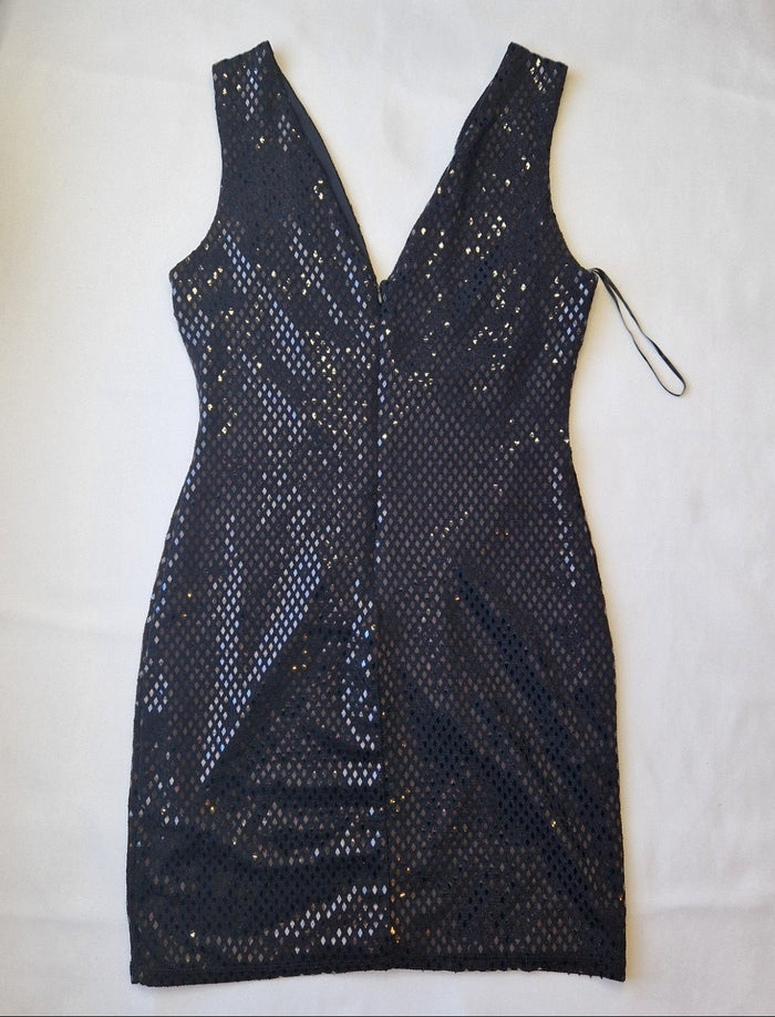 A black sleeveless bodycon dress featuring a diamond-patterned sequin mesh overlay.