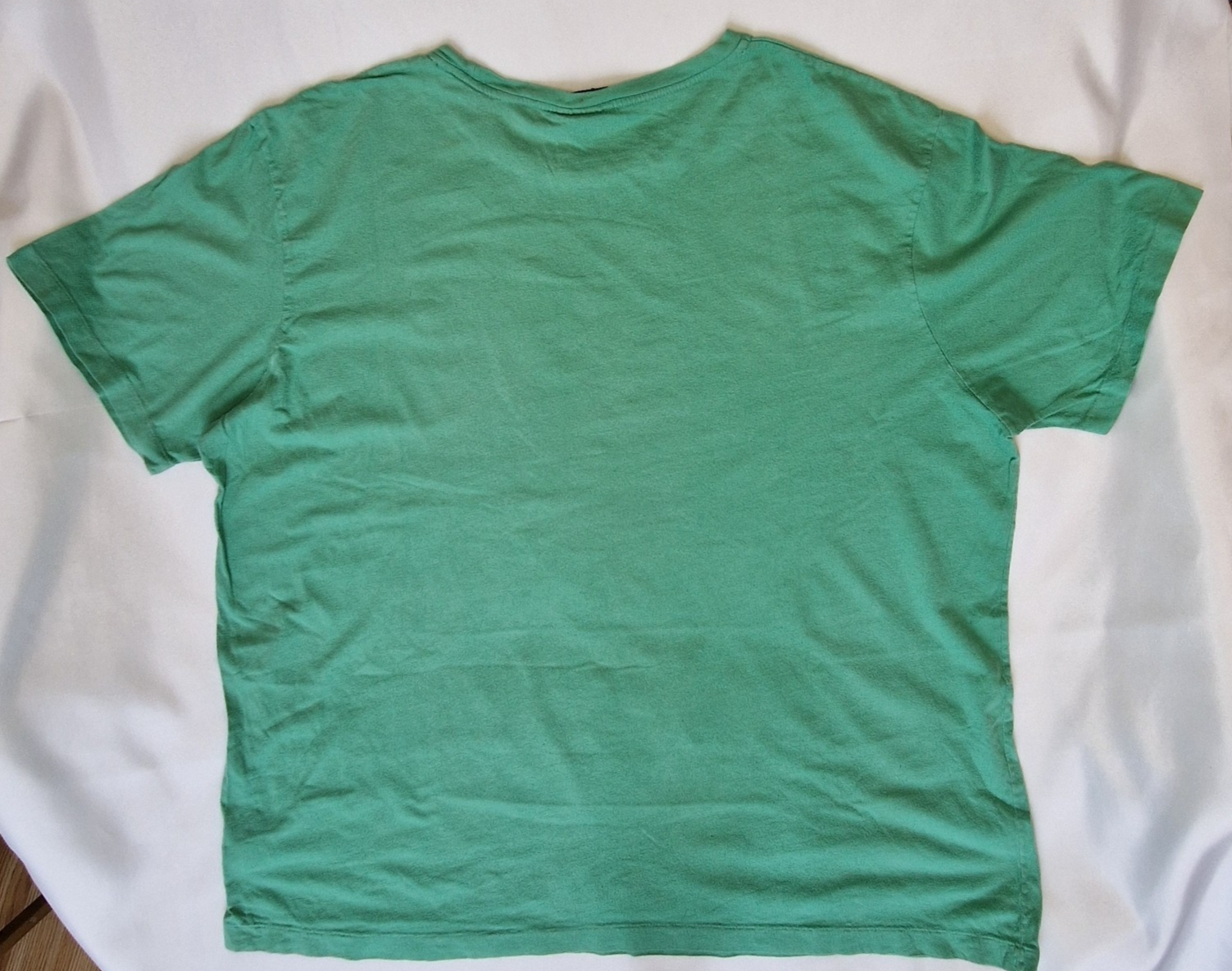 A plain green short-sleeved cotton t-shirt with a round neck shown from the back.