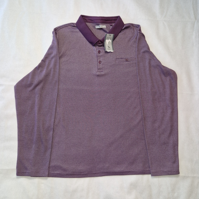 A purple long-sleeved polo shirt with a textured collar and a small chest pocket.
