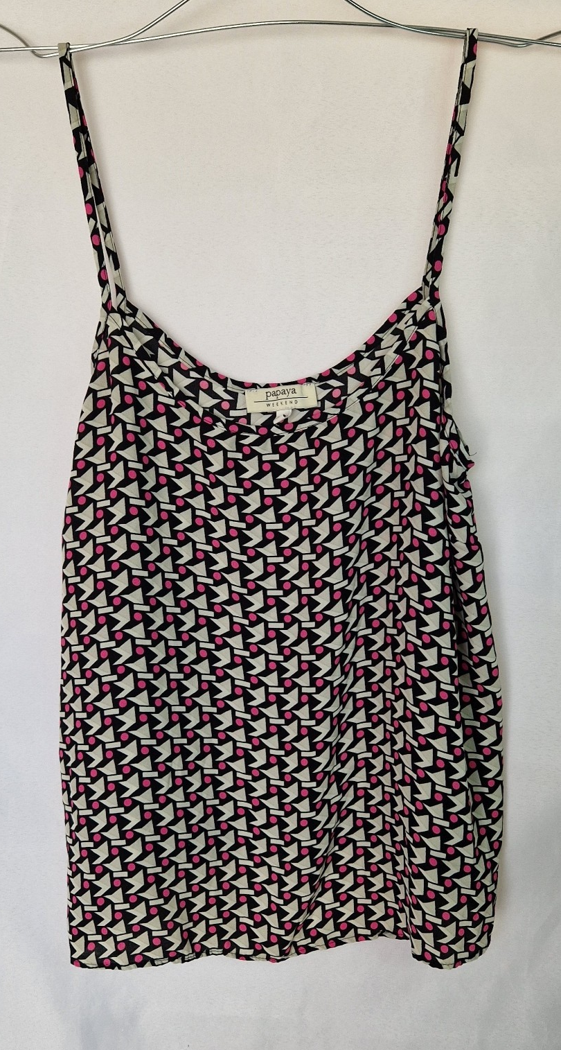 A sleeveless Papaya chiffon cami top featuring a geometric pattern in black, white, and pink.