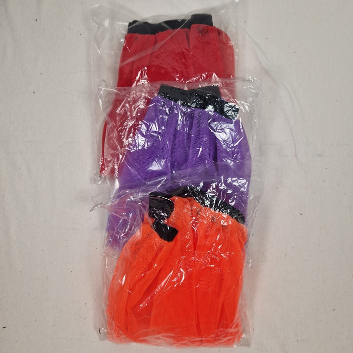 Red, purple, and orange gloves in clear plastic packaging on a white background
