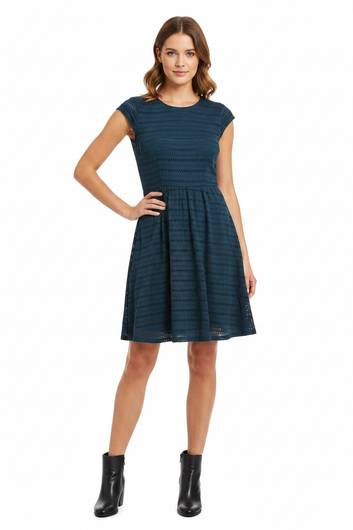 White Stuff women's navy fit and flare midi dress with embroidered floral detailing and cap sleeves.
