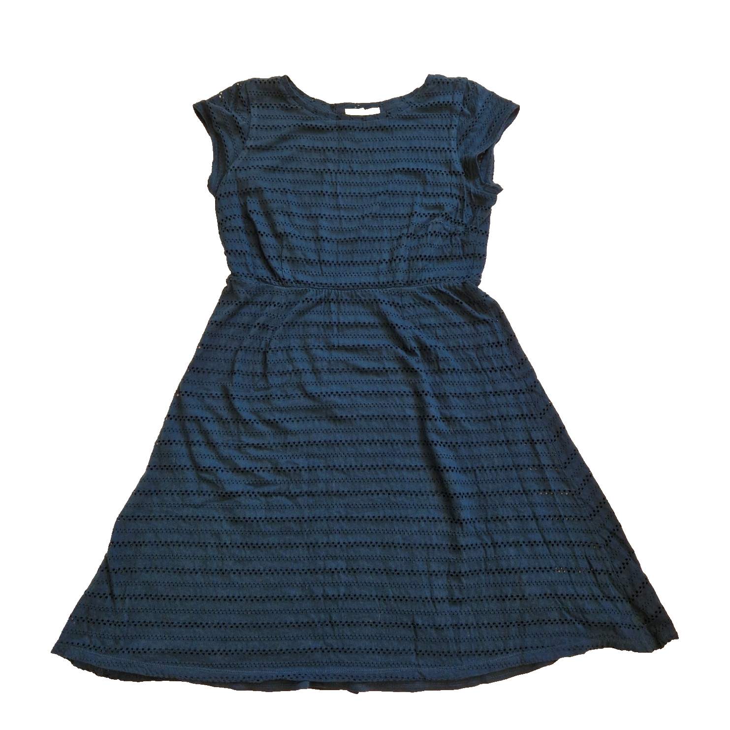 A navy blue fit and flare dress with short cap sleeves and an embroidered floral pattern.