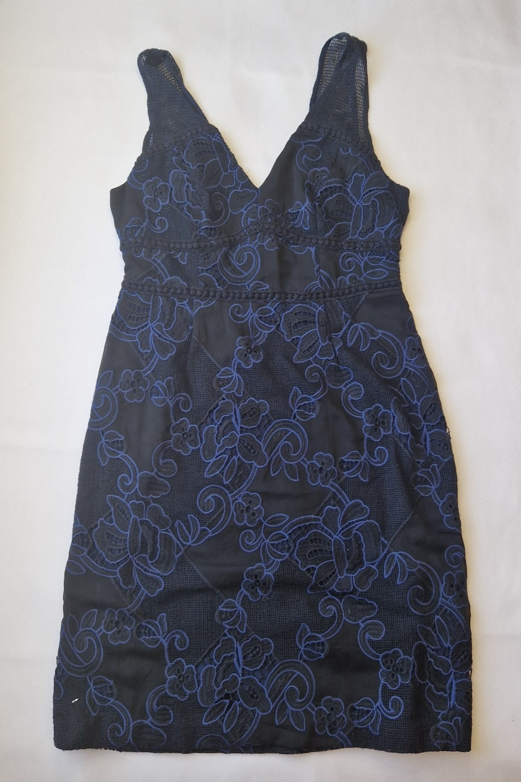 A black sleeveless knee-length dress featuring a V-neckline and intricate blue floral embroidery.