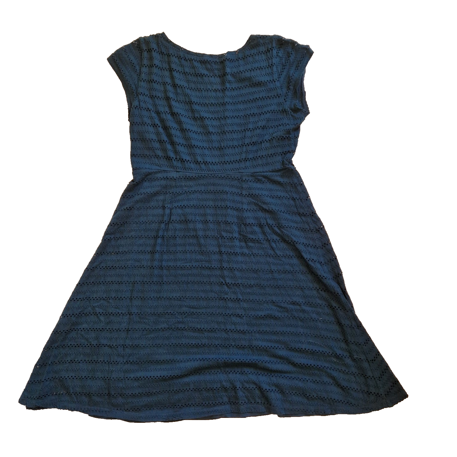 A navy blue White Stuff fit and flare dress with short cap sleeves and embroidered floral detail.