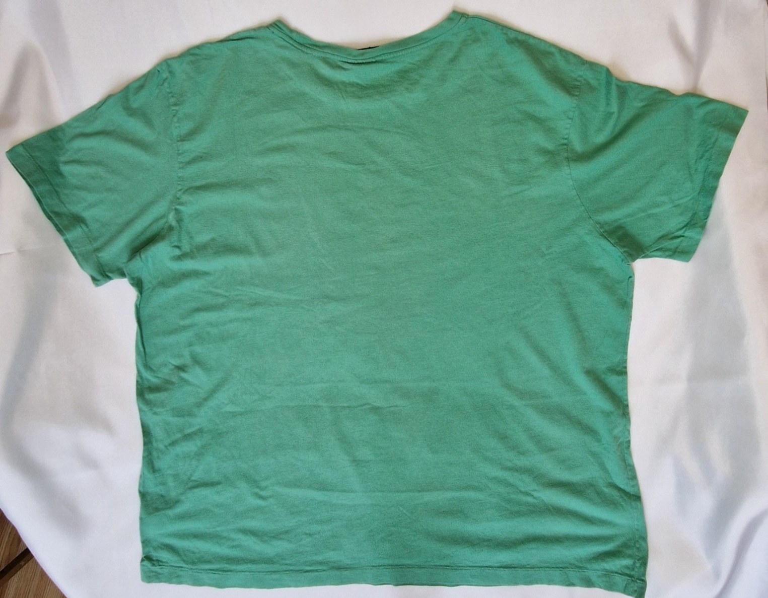 A plain green short-sleeved cotton t-shirt with a round neck, shown from the back.