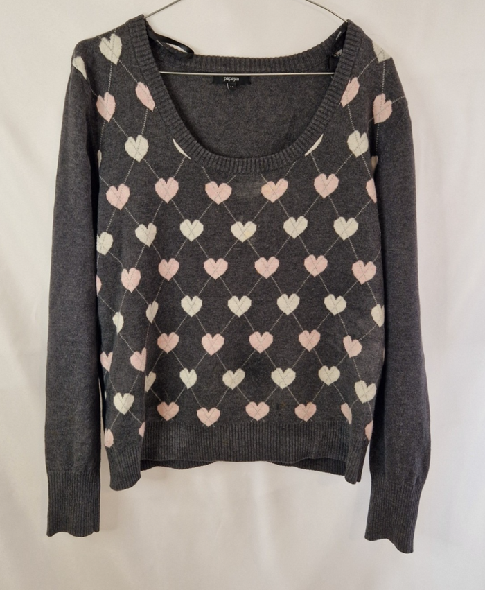 A grey Papaya long-sleeve jumper featuring a repeating heart pattern in a soft knit fabric.