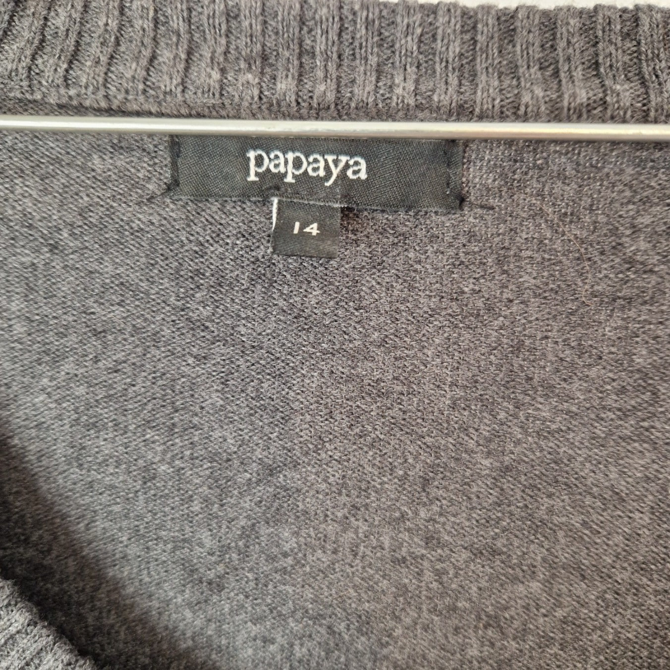A grey Papaya brand jumper with a round neck and a size 14 label.