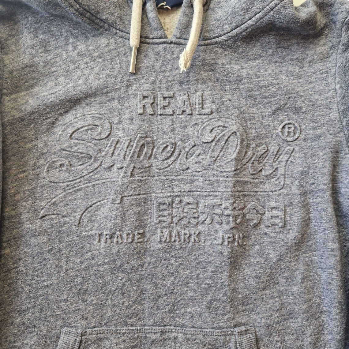 A grey Superdry pullover hoodie for boys featuring an embossed logo on the chest.