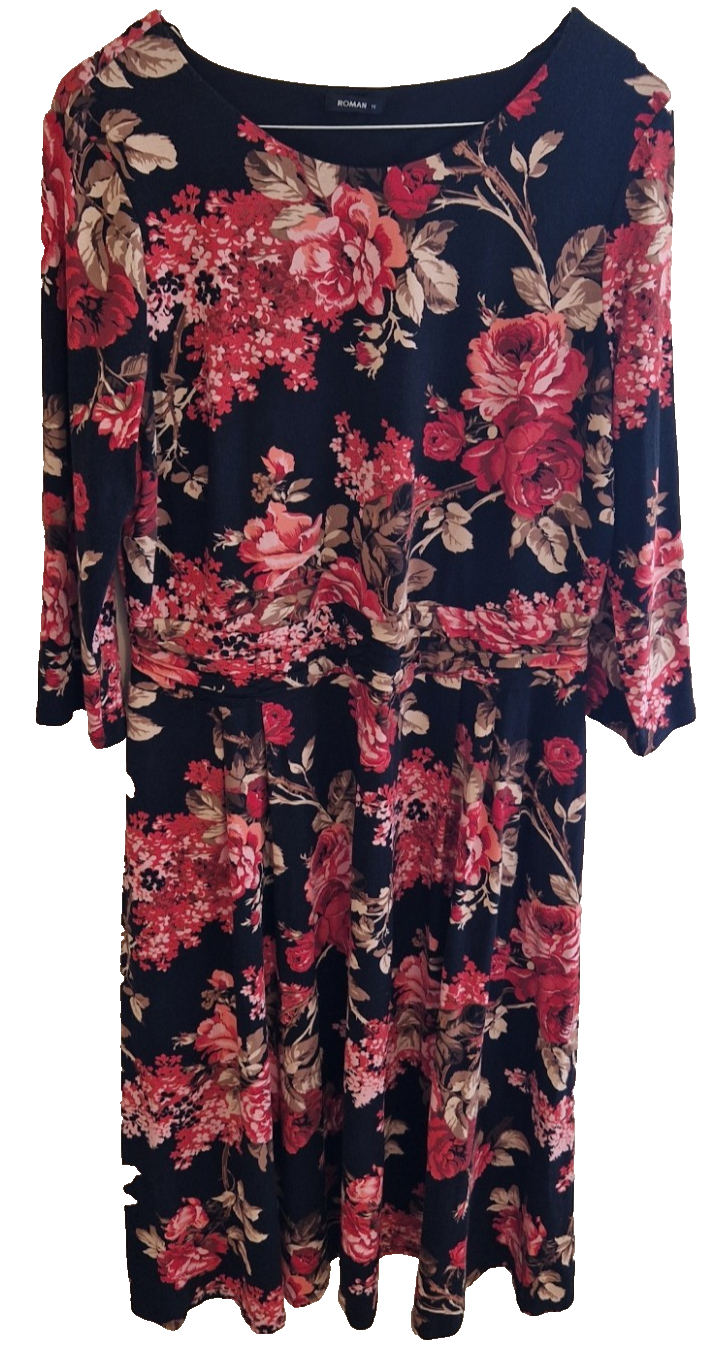 A black Roman fit and flare dress featuring a vibrant red floral print and long flared sleeves.