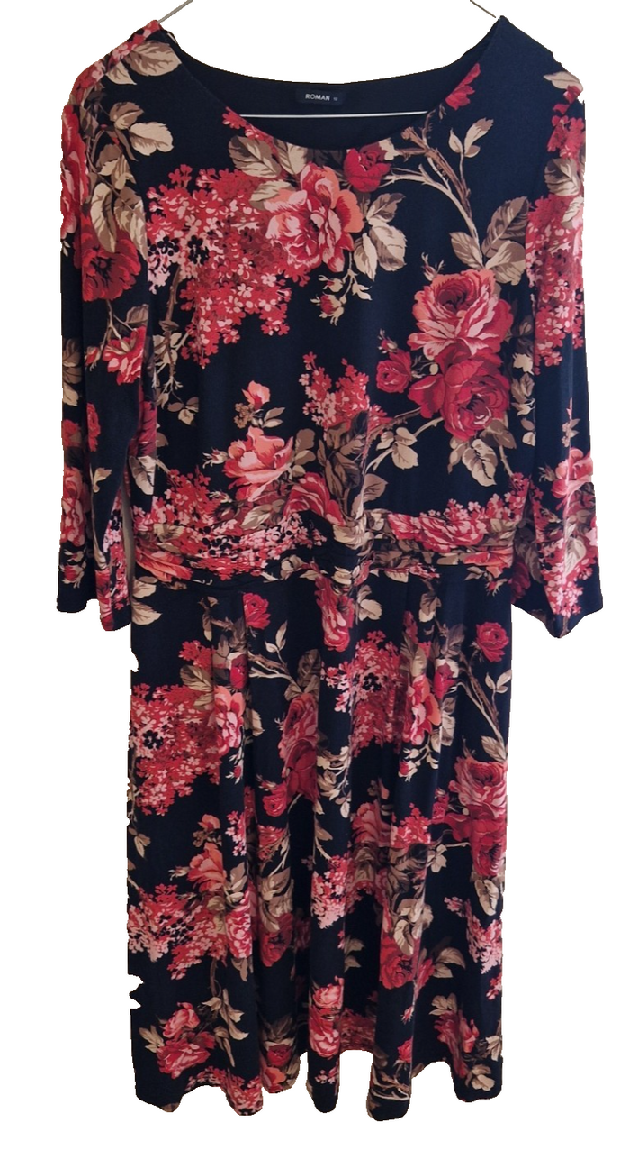 A black Roman fit and flare dress featuring a red floral print, round neck, and long flared sleeves.