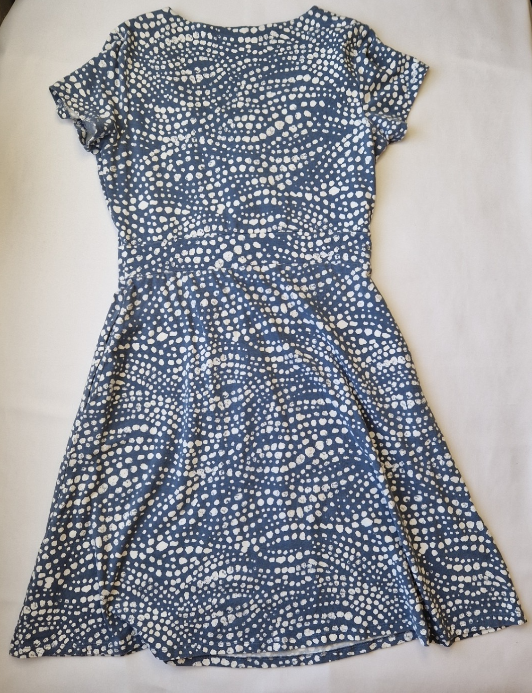A blue Mountain Warehouse fit and flare dress featuring a white polka dot pattern.
