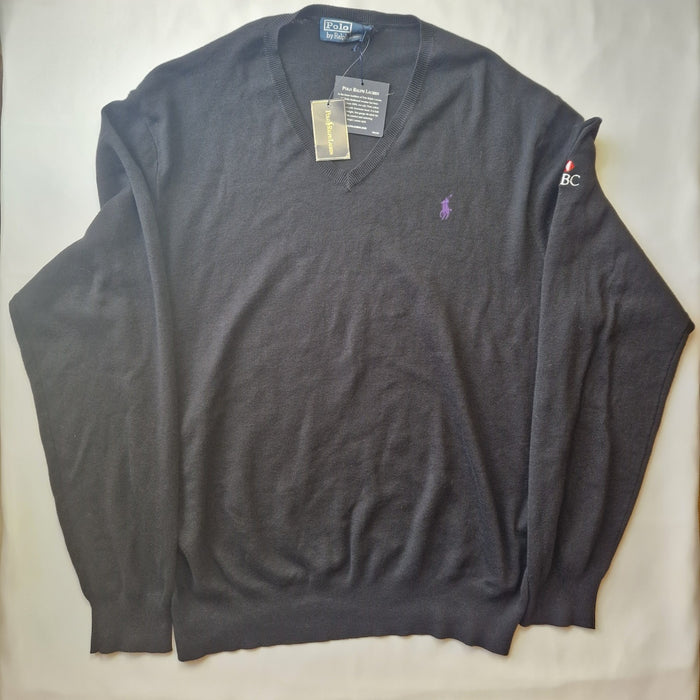 A black long-sleeved cotton V-neck sweater featuring an embroidered HSBC logo and Polo pony.