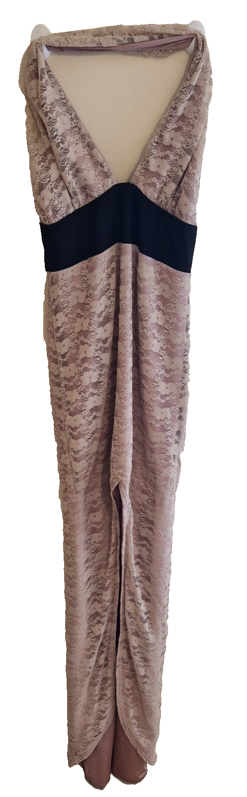 A pink lace halter-neck ball gown featuring a black waist band and a front slit.