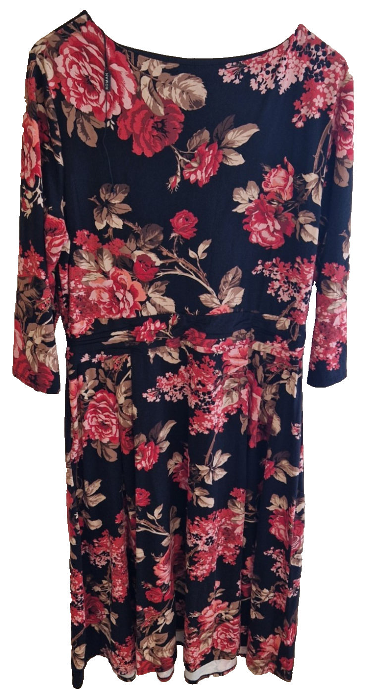 A black fit and flare dress featuring a red floral print, round neckline, and long flared sleeves.