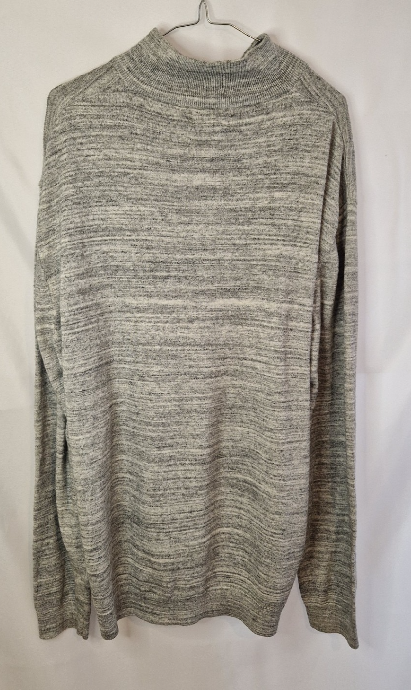 A grey marl knit pullover with a mock neck, displayed on a hanger against a white background.