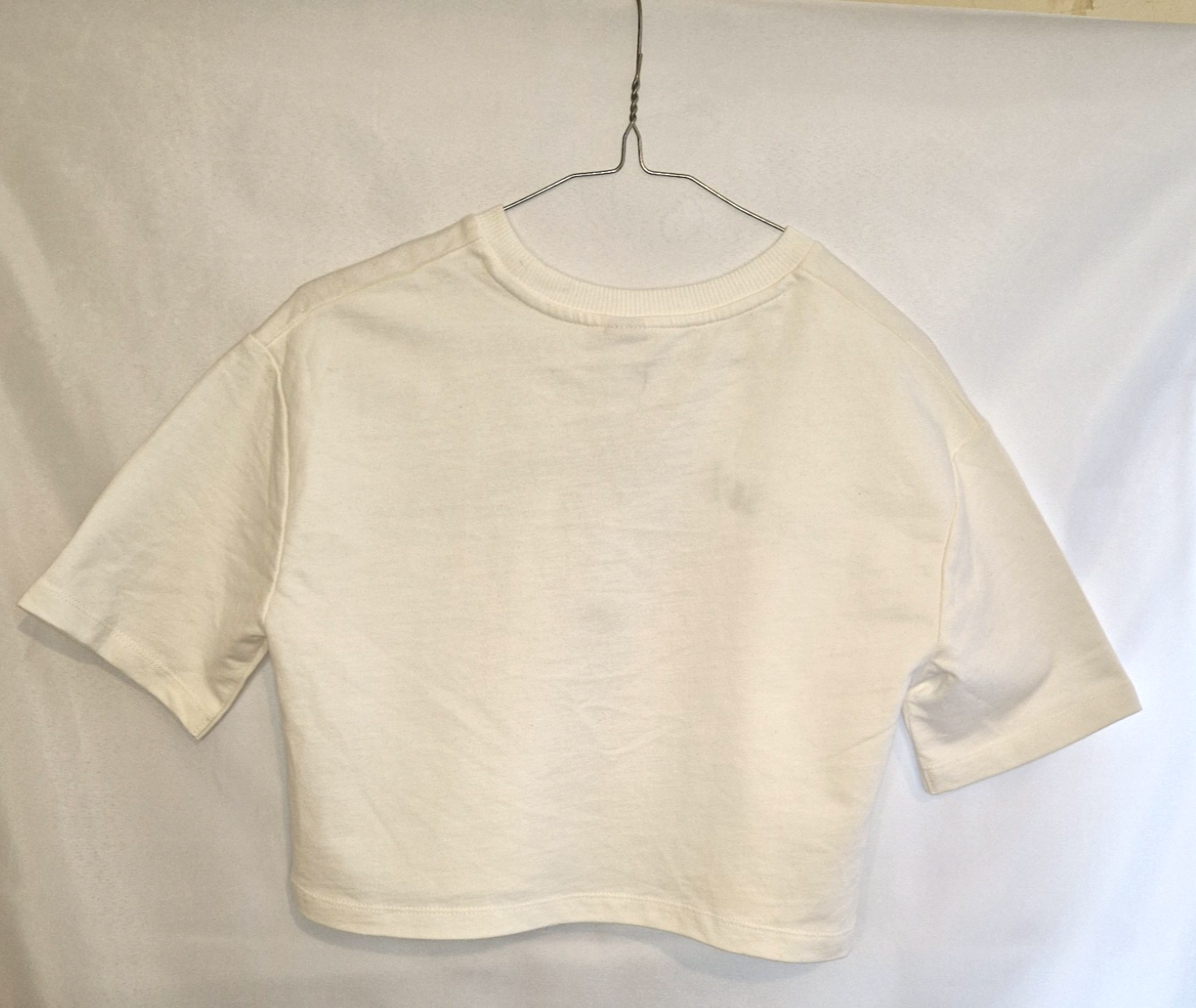 A plain white short-sleeved crew neck t-shirt for toddlers hanging on a wire hanger.