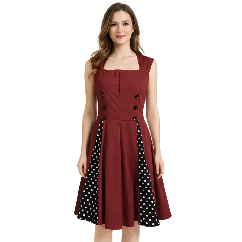 A sleeveless red A-line midi dress with a square neckline and black polka dot side panels.
