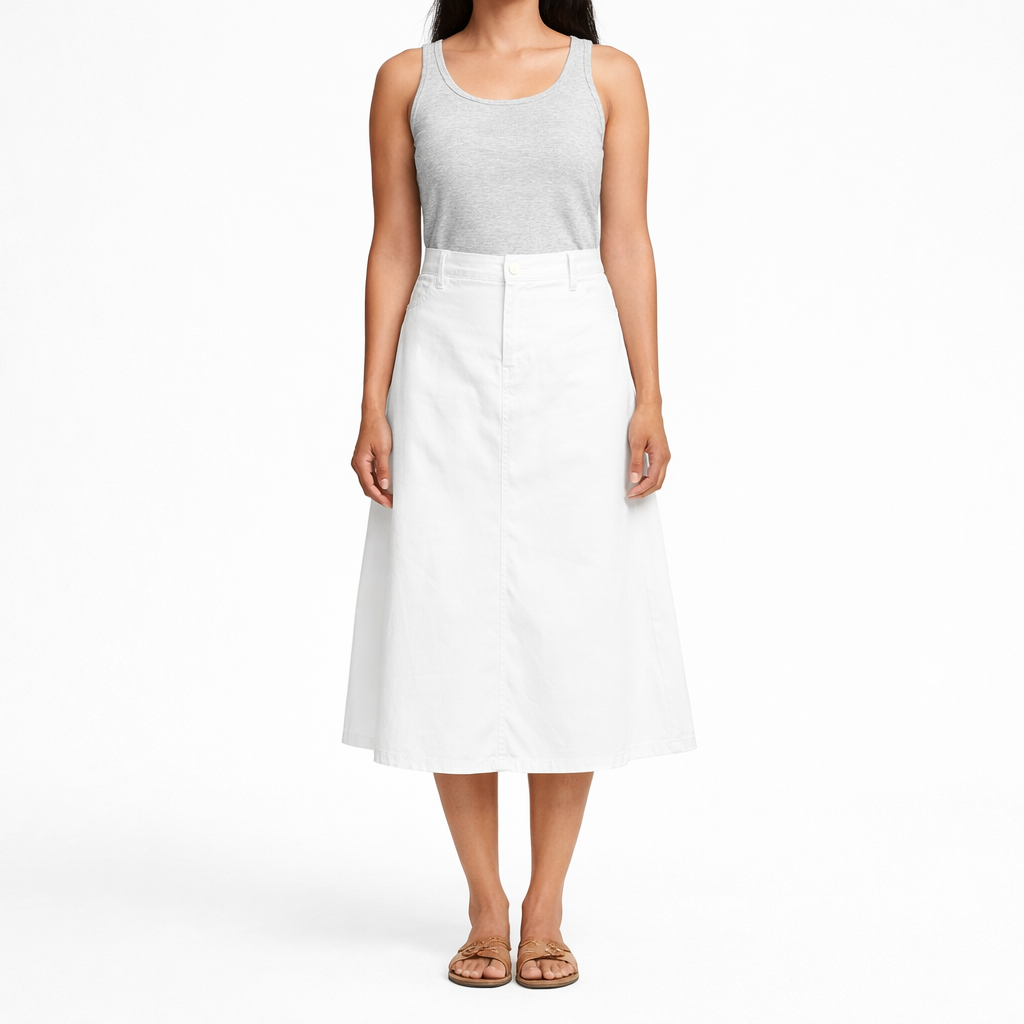 A woman wears a white A-line midi skirt made of structured cotton twill.