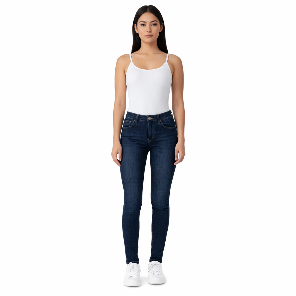 A woman wears Gap mid-rise slim fit blue stretch denim jeggings with a white tank top.