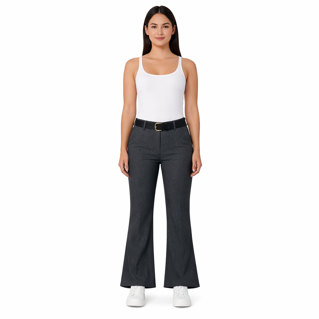 A woman wears dark grey straight leg work trousers with a black belt and a white tank top.