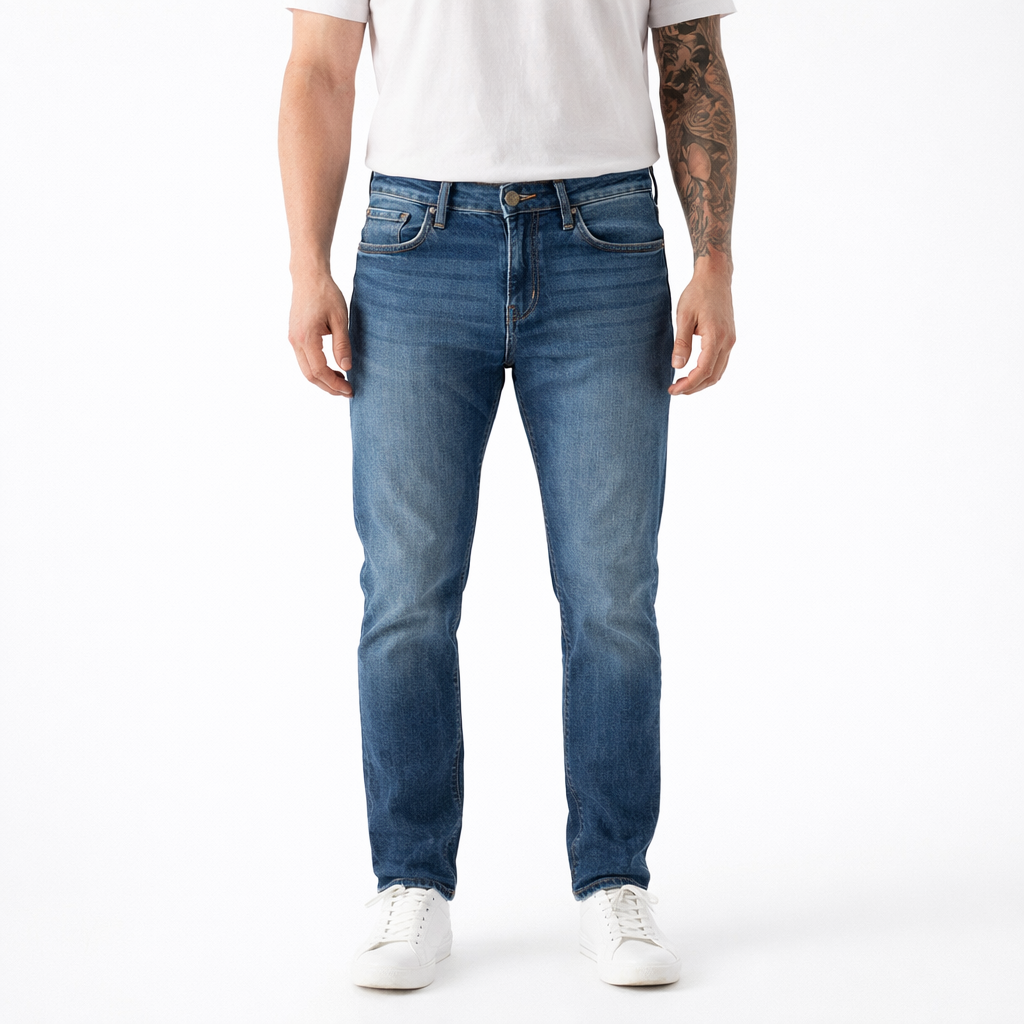A man wears medium blue high-rise super skinny stretch denim jeans with a tapered leg.