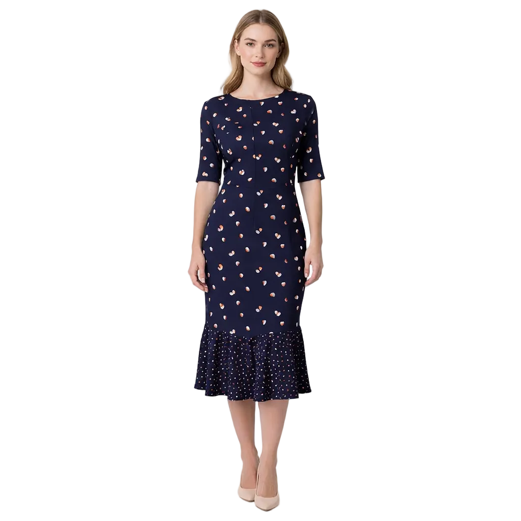 A navy blue knee-length fit and flare dress featuring a teardrop print and a ruffled hem.