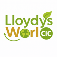 Lloyds World CIC logo featuring green and yellow text with a leaf, globe, and circular arrow graphic on a white background.