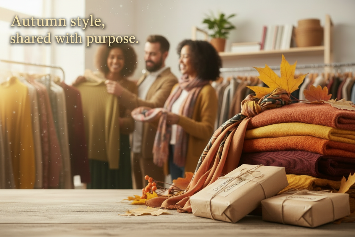 Autumn charity banner with smart clothing and two parcels