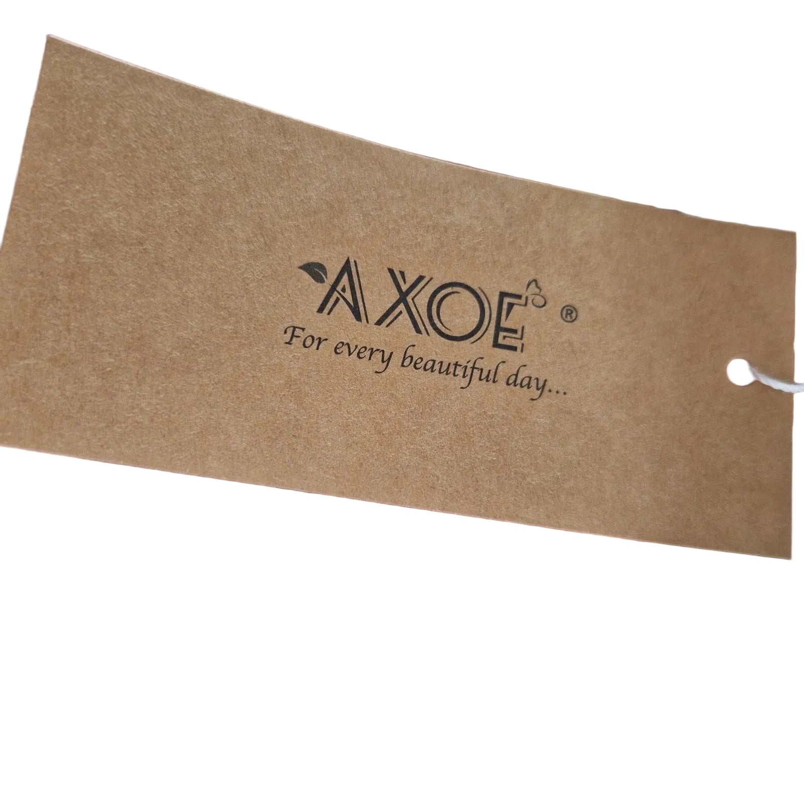 A rectangular brown paper clothing tag featuring the Axoe brand logo and the phrase For every beautiful day.