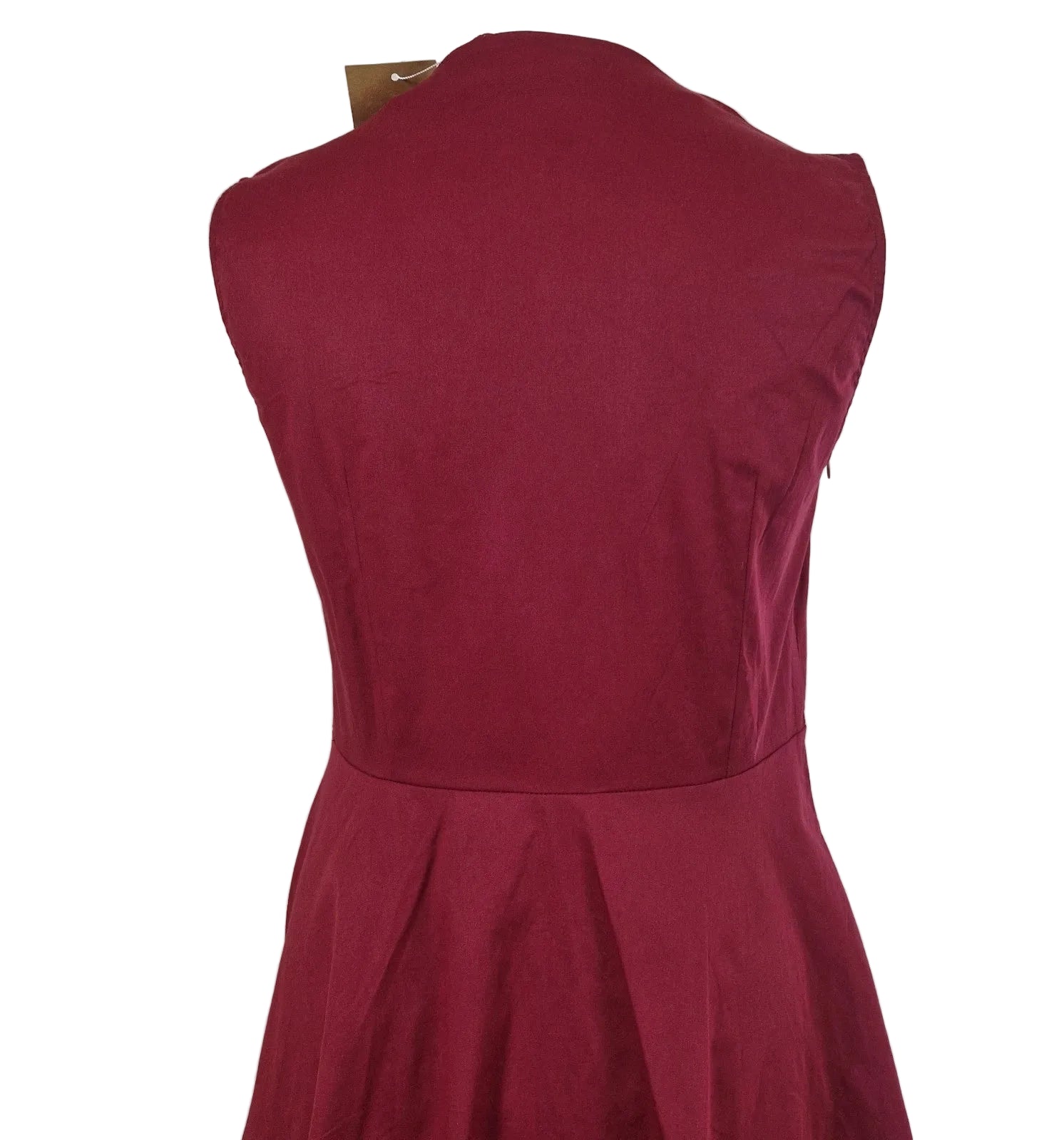 A sleeveless red A-line midi dress made from a cotton blend.