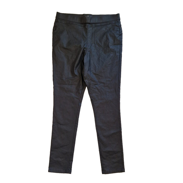 F&F black high-rise straight leg trousers in a satin finish with an elastic waistband.