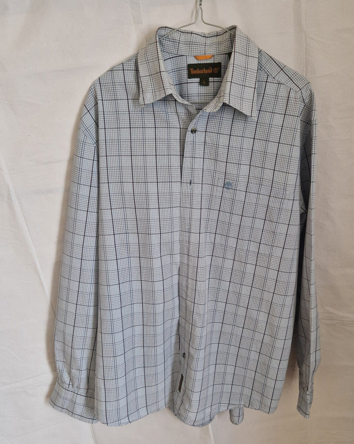 Timberland men's long-sleeve button-down shirt in a grey and blue check pattern.