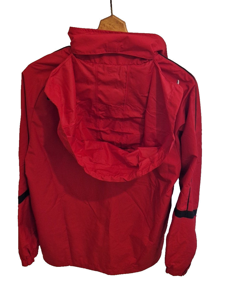 A red FBT Doncaster Rovers football training jacket with a hood and full zip closure.