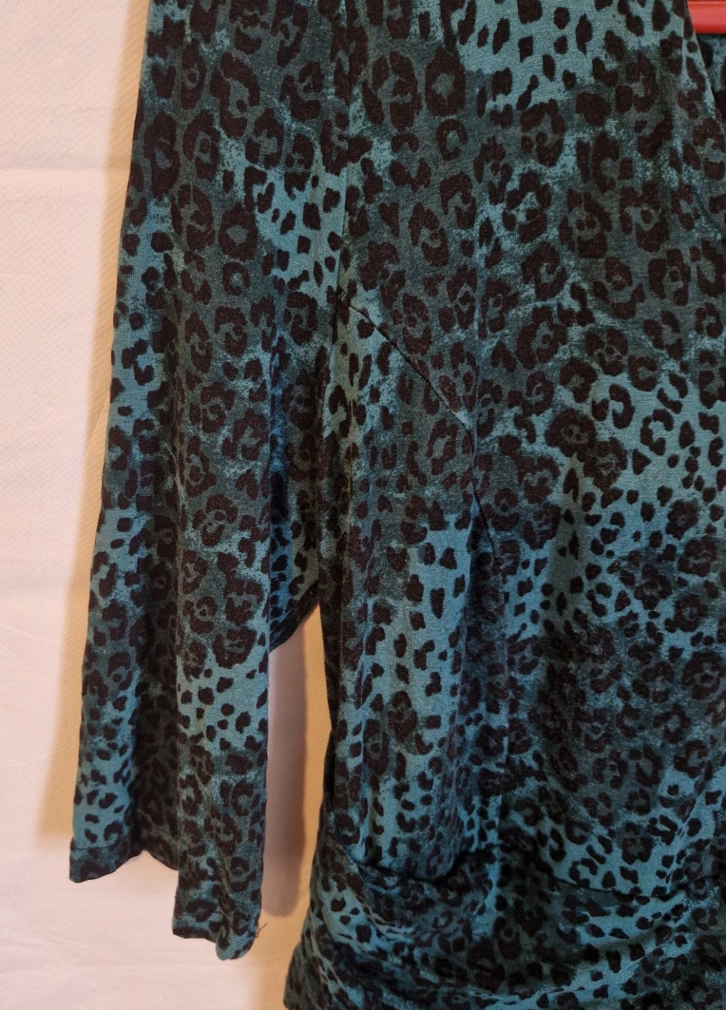 A teal and black leopard print long-sleeve maxi dress made from a chiffon blend.