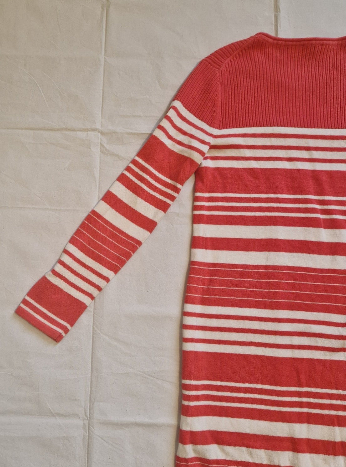 Tommy Hilfiger women's red and white striped long-sleeve knitted jumper dress.