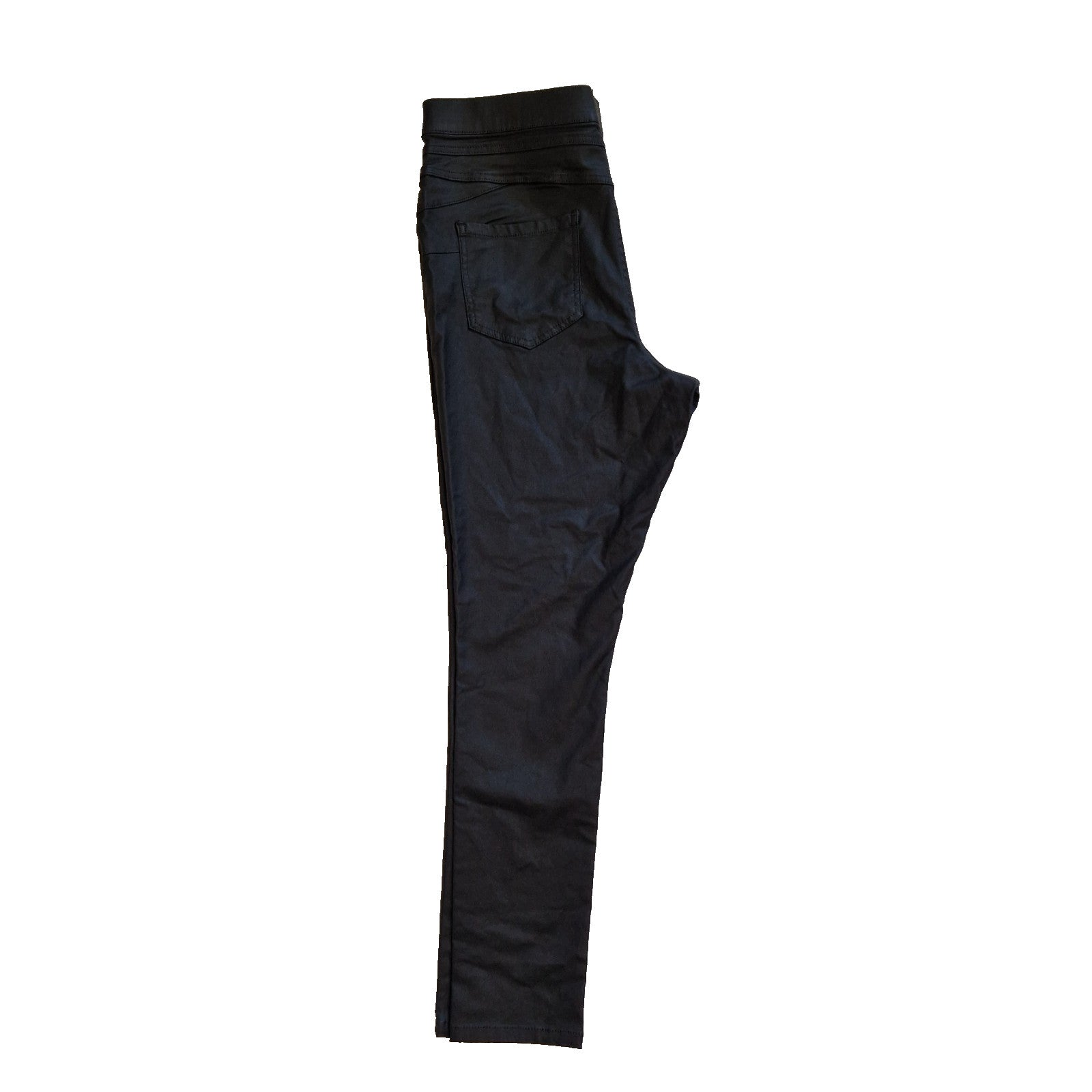 Black high-rise straight leg trousers in a satin finish with an elastic waistband.