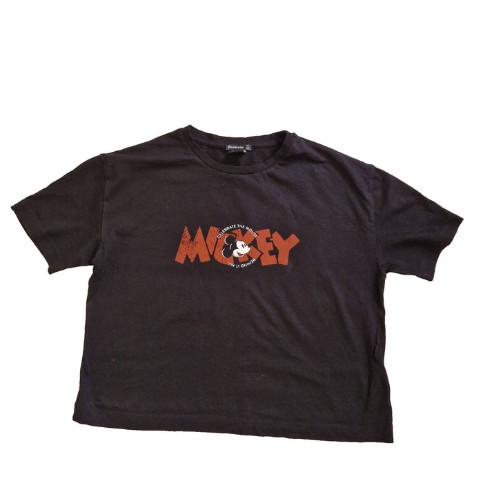A black cotton short-sleeved t-shirt featuring a Mickey Mouse graphic on the front.