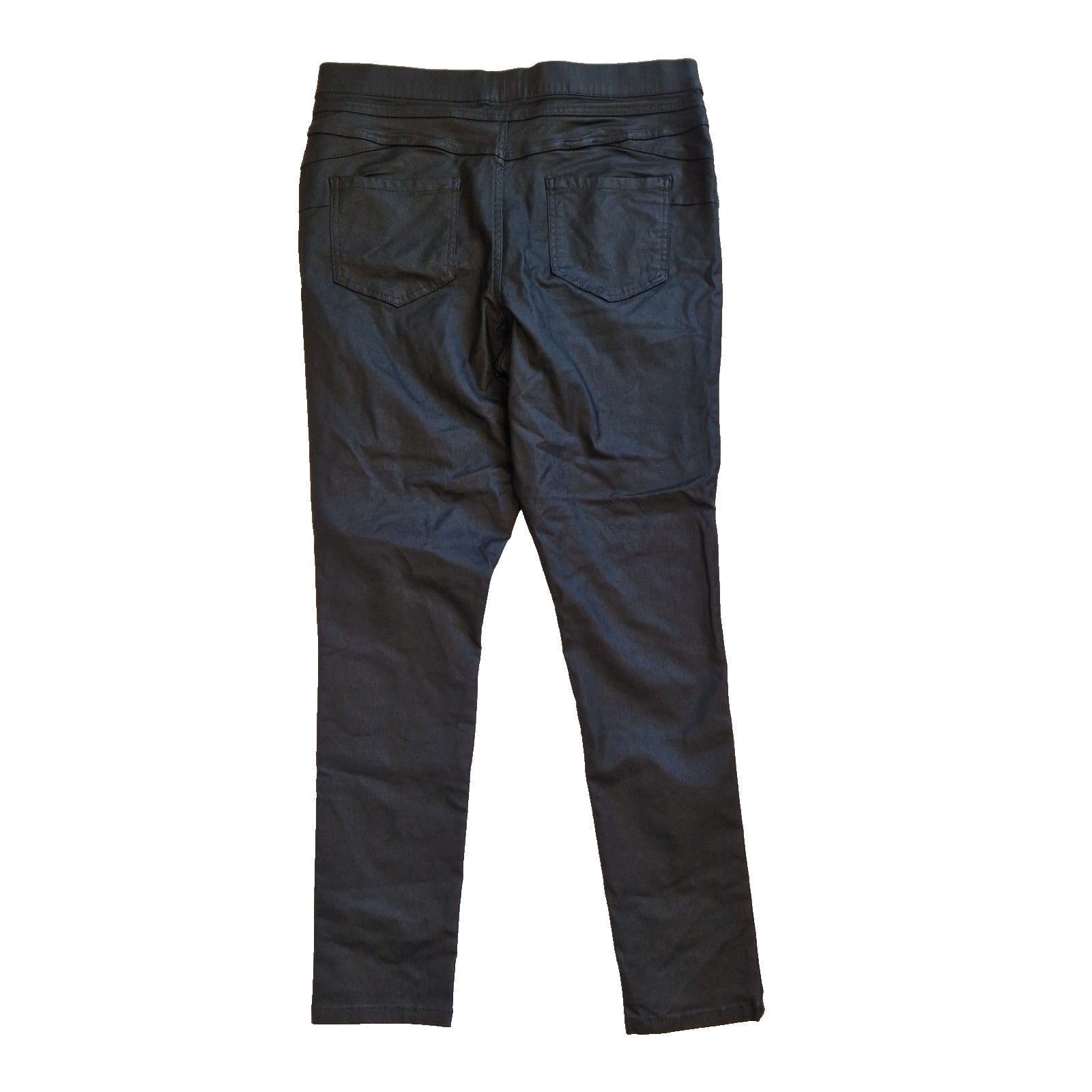 F&F black high-rise straight leg satin trousers with an elastic waistband.