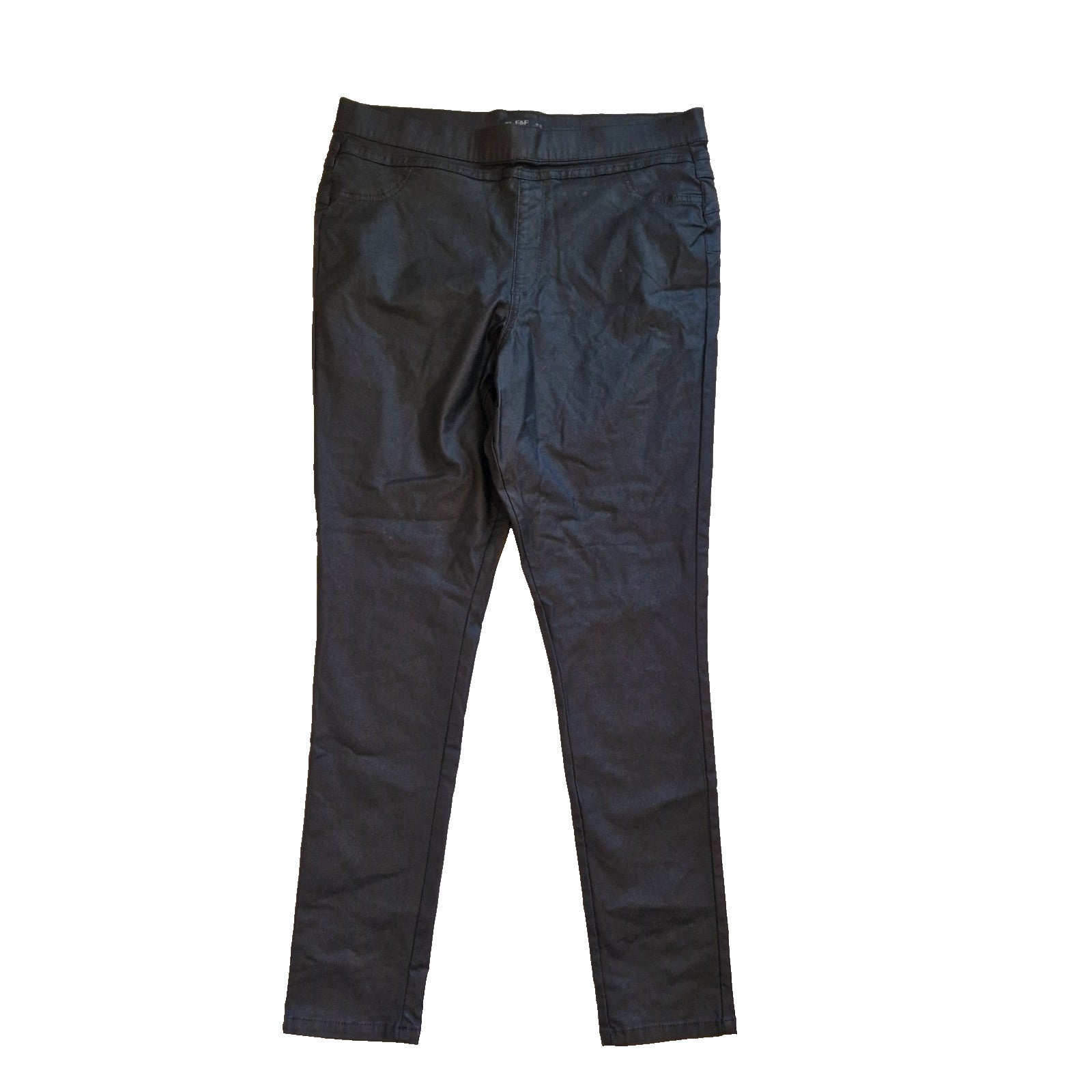 F&F women's black high-rise straight leg trousers in a satin finish with an elastic waistband.
