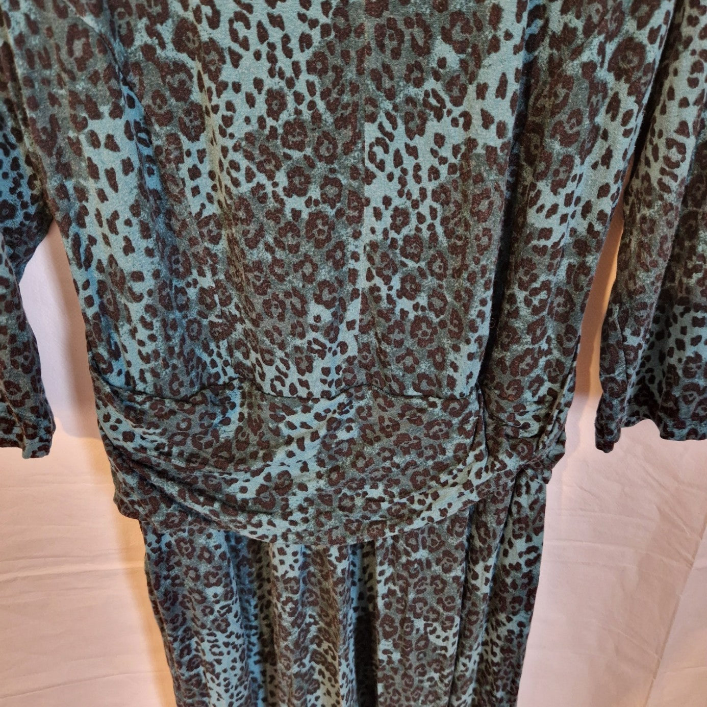 A teal and black leopard print maxi dress by Jolie Moi with long sleeves and a gathered waist.