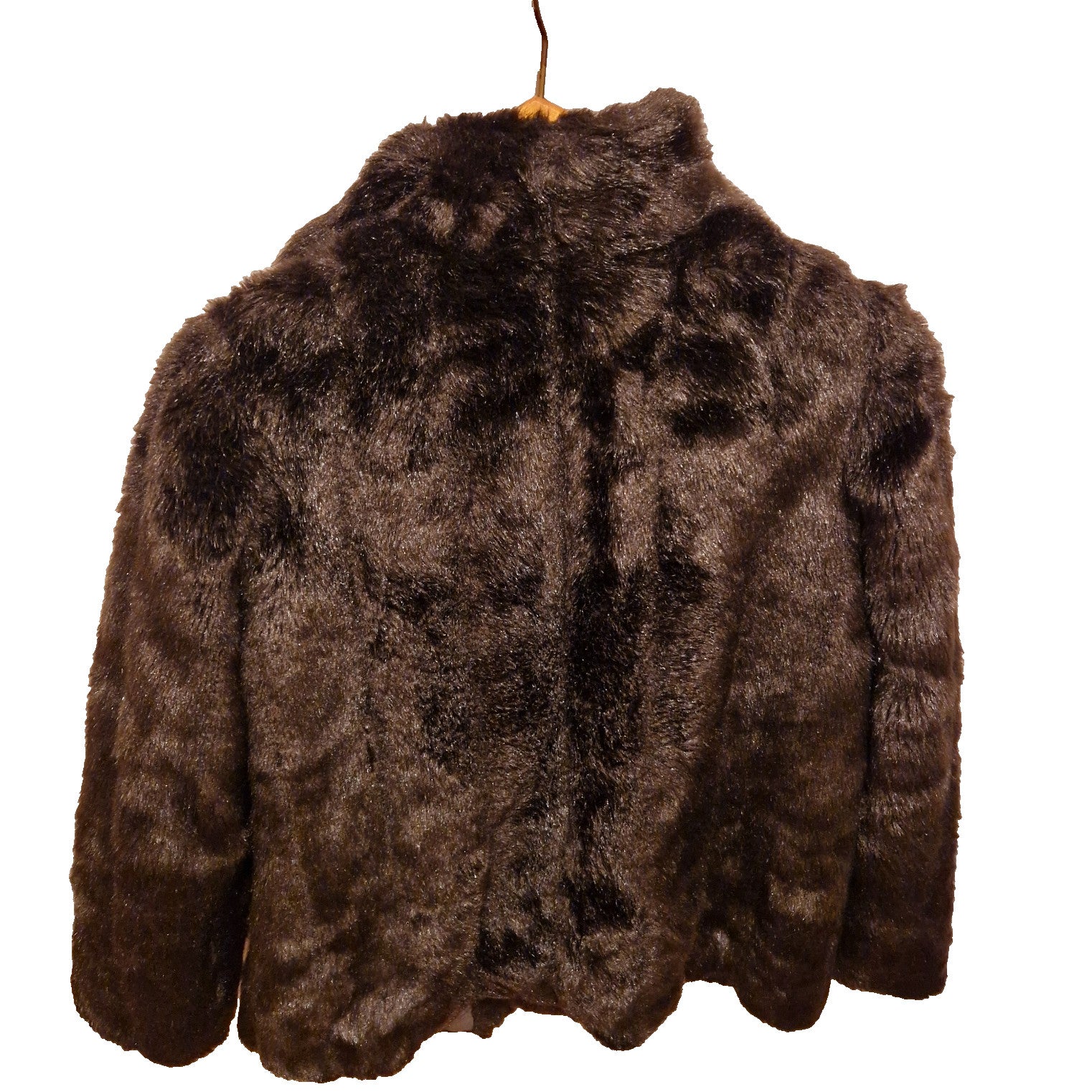A dark brown Astraka vintage faux fur longline coat with long sleeves on a hanger.