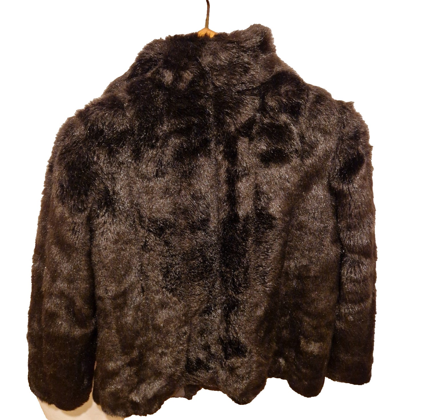 A dark brown vintage Astraka faux fur coat with a longline silhouette and long sleeves.