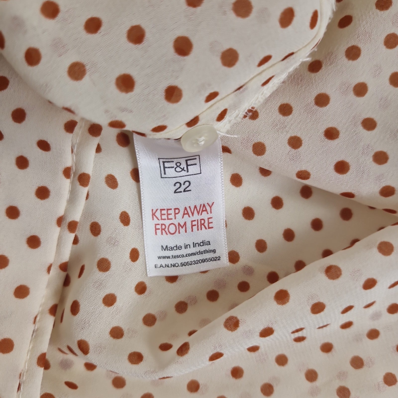 F&F Womens Blouse Top cream brown dots UK 22 India 100% polyester